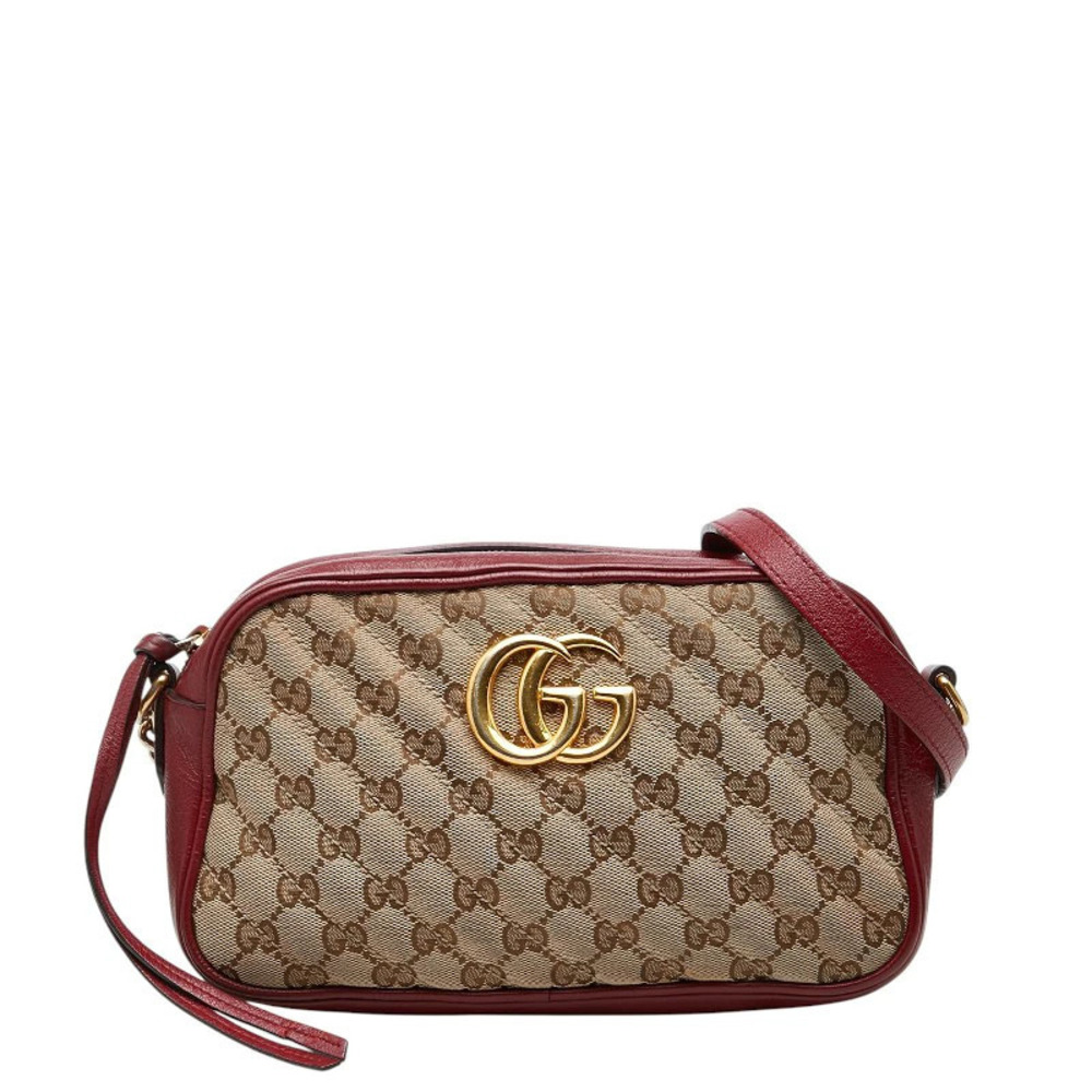 Gucci GG Marmont Canvas Crossbody Chain Shoulder Bag Beige Cream Red Leather
